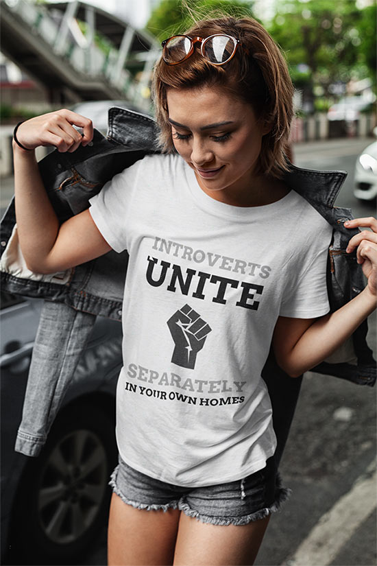 Woman wearing Introverts Unite Tshirt